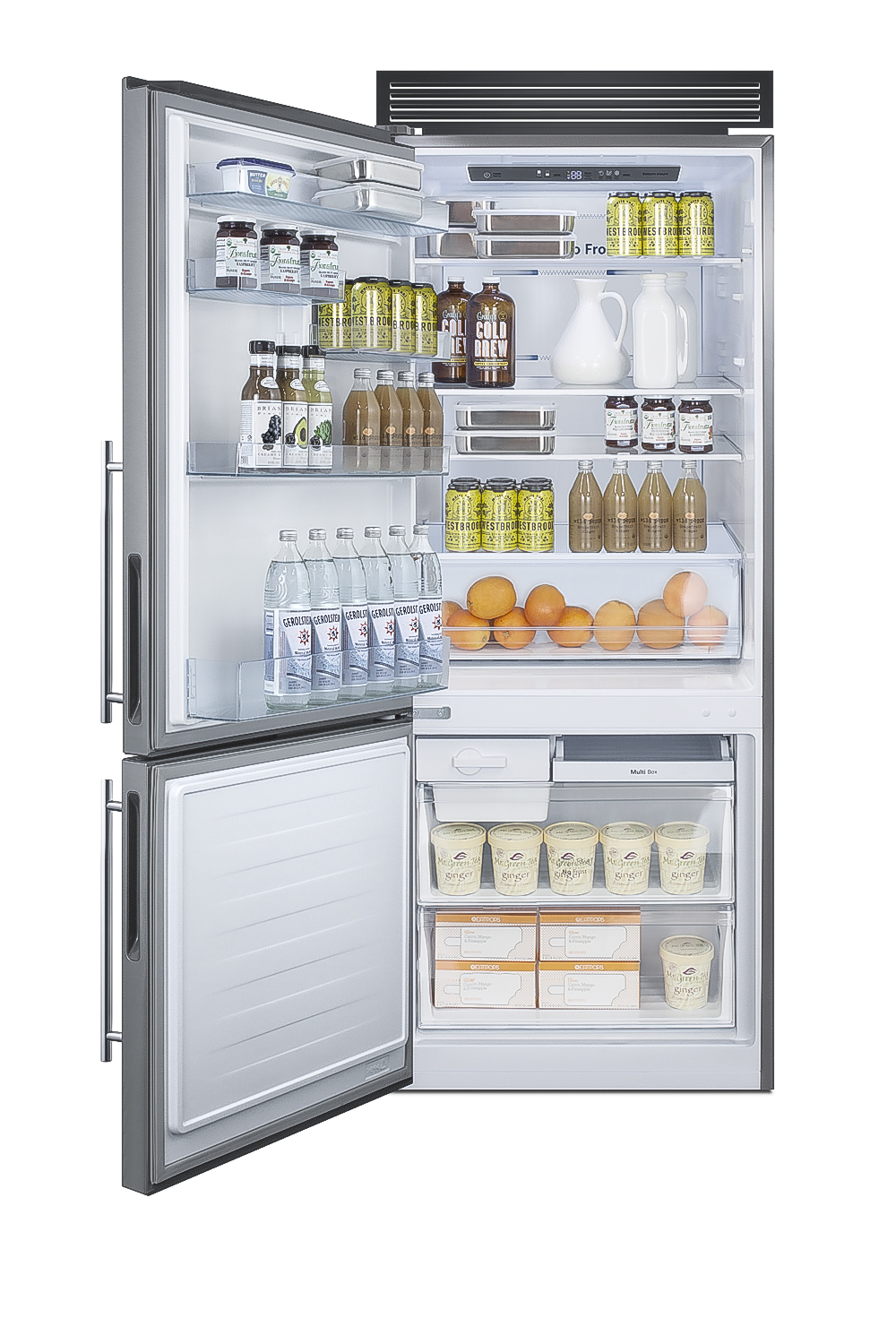 Frost-free ENERGY STAR certified bottom freezer refrigerator in stainless steel with digital controls and a counter depth fit